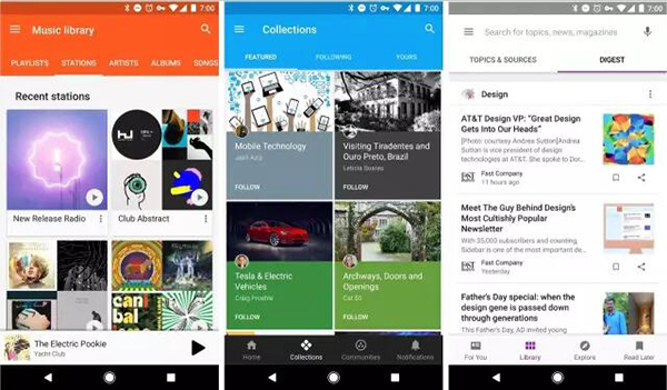 從左到右分別是 Play Music，Google Plus 及 Play Newsstand