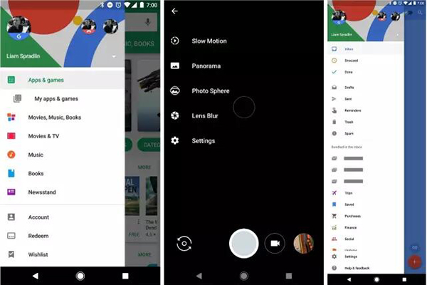 從左到右分別是 Play Store，Google Camera 及 Inbox